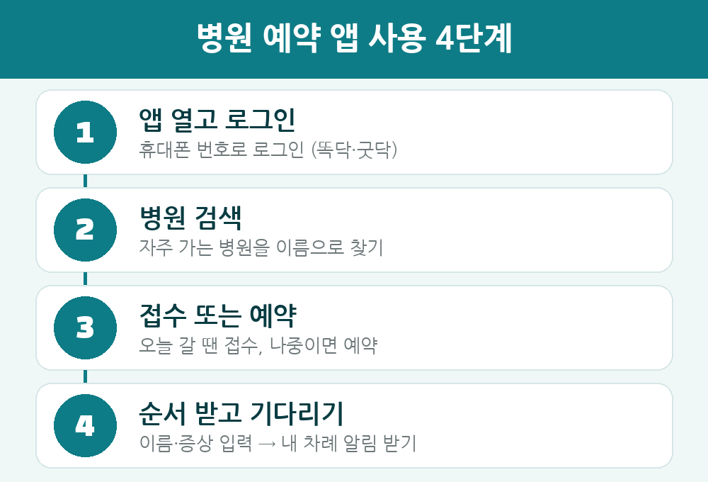 병원 예약 앱 사용 4단계 - 앱 로그인, 병원 검색, 접수 또는 예약, 순서 받고 알림 기다리기
